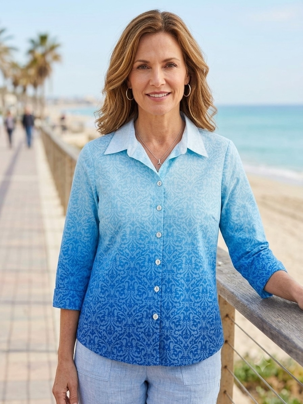 Alfred Dunner Petite PS Blue Ombre Damask Button Down Shirt 3/4 Sleeve